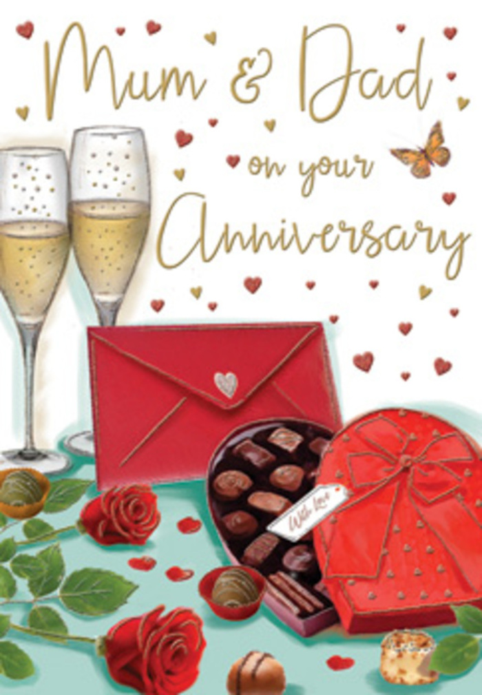 The illustrated anniversary card unfolds like a romantic still life, as if arranged by a careful hand in a Canonbury home just off Essex Road. Dominating the centre are two tall champagne flutes, perfectly matched and standing close together, their clear sides alive with fine golden bubbles rising in delicate streams. The light catches the rims and bases, creating tiny points of sparkle that echo the sense of celebration. In front of the glasses, a lavish heart-shaped chocolate box sits proudly, its rich red surface topped with an opulent bow that arcs upward in broad, satin curves. The lid has been lifted to reveal an assortment of chocolates nestled within, each piece shaped and shaded with mouth-watering detail, while a few individual chocolates rest nearby like small, edible jewels. To one side, two luxuriant red roses lie among deep green leaves, the velvety petals unfurling in layers reminiscent of a hand-picked bouquet from Canonbury Florist, ready for same-day delivery across Islington and nearby De Beauvoir. Their colour is a true ruby red, suggesting devotion and admiration. Scattered above and around are small hearts in tones of crimson and gleaming gold, dancing across the background and framing a heartfelt Mum & Dad message written in warm, flowing script. At the base of the composition lies a scarlet envelope, neatly sealed and angled just so, promising tender words within. A soft, golden ambience bathes the entire card, blending reflections on the glass with gentle shadows under the chocolates. The result is an image that exudes warmth, comfort, and the sense of an intimate anniversary evening shared at home, where love, family, and simple luxuries are savoured slowly.