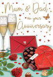 This anniversary card illustration feels like a lovingly arranged tabletop scene, the sort of intimate celebration you might find in a Canonbury flat overlooking a leafy terrace. At the heart of the design stand two tall champagne flutes positioned close together, their slim stems parallel, their bowls filled with pale, effervescent champagne. Tiny bubbles climb lazily to the top, catching hints of light that glimmer softly along the rims. Just in front, a generously sized heart-shaped chocolate box, fully wrapped in rich red and crowned with an extravagant bow, lies open. Inside, an assortment of glossy chocolates rests in tidy rows, each one carefully detailed to suggest ganache, praline, and truffle centres, while a few irresistible pieces have spilled out onto the surface as if someone has already begun to share. To the side, two sumptuous red roses with abundant green foliage provide a lush floral accent, their velvety petals curling outward in soft layers, as lifelike as a fresh arrangement delivered the same day by a local Canonbury florist to a family home near Highbury Fields. Overhead, a scatter of tiny golden and crimson hearts drifts across the card, encircling a warm, hand-lettered dedication to Mum & Dad that clearly marks this as a parents' anniversary celebration. A vivid scarlet envelope lies nearby, sealed and ready, suggesting a handwritten message filled with appreciation and fond memories. The scene is lit with a mellow, golden glow, blending gentle reflections in the glass with the deep reds of roses, ribbon, and envelope. Altogether, it evokes an evening of quiet joy, shared toasts, and sweet indulgence, honouring the enduring love at the heart of a family.